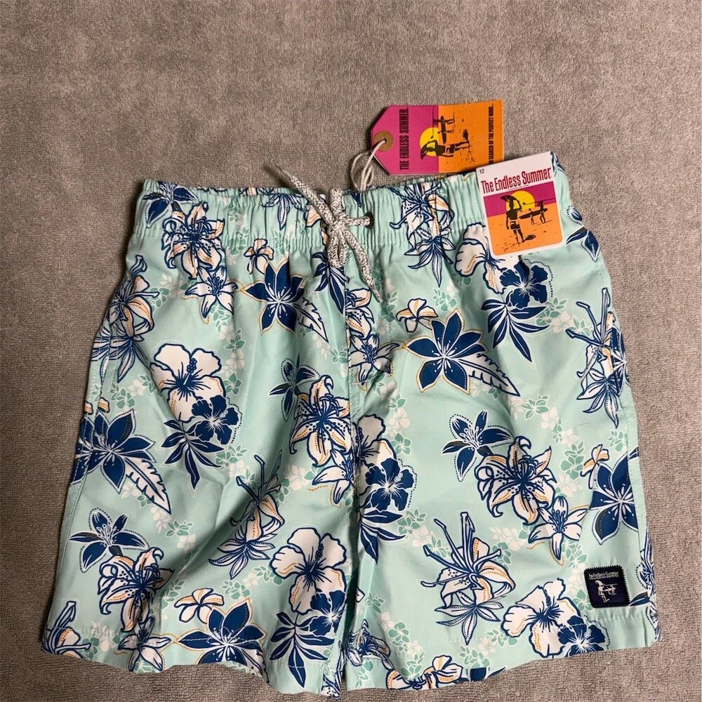 The Endless Summer Swim Trunks Boys Size 12 Mint Green Blue Floral Shorts